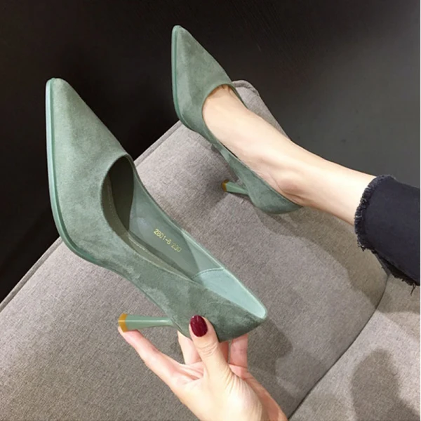 Simple Noire Bureau OL Daim Escarpins 2021 7 cm Talons Aiguilles À Bout Pointu Talons Hauts