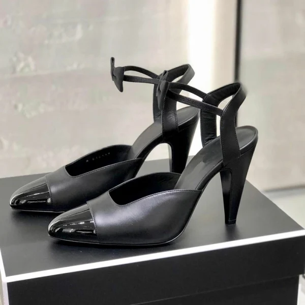 Chic / Belle Noire Doré Promo Sandales Femme 2021 Cuir Bride Cheville Noeud 10 cm Talons Épais Talons Hauts À Bout Pointu Sandales