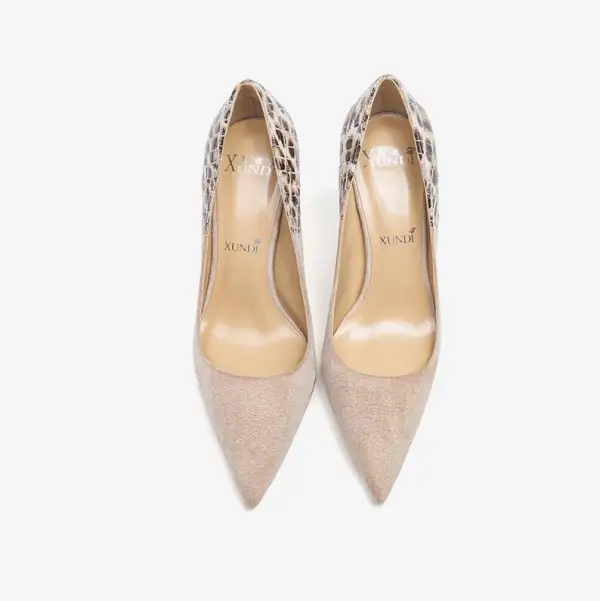 Mode Aprikos / Beige Fest Läder Leopardmönstrad Mocka Pumps 2021 10 cm Stilettklackar Högklackade Spetsiga Pumps
