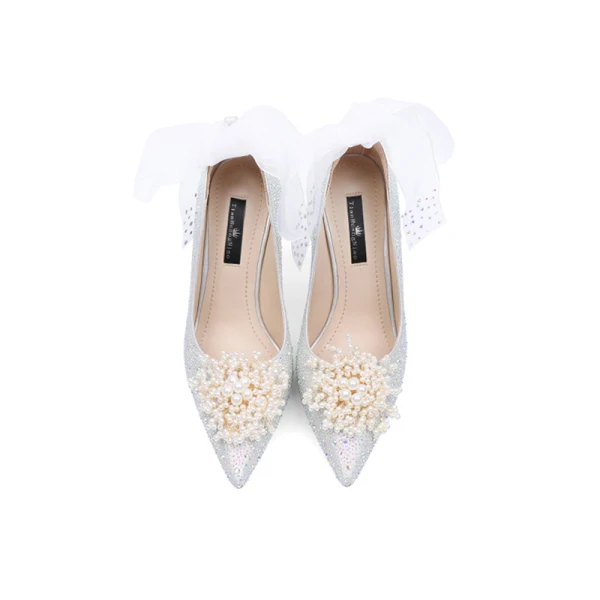 Charmig Glittrande Silver Rhinestone Pärla Brudskor 2021 Rosett Läder 10 cm Stilettklackar Spetsiga Bröllop Högklackade Pumps