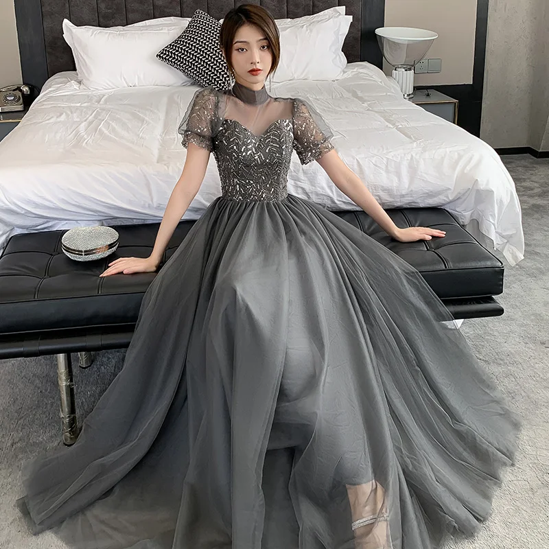 Chic Beautiful Black Grey Bridesmaid Dresses 2021 A-Line Princess Scoop Neck Beading
