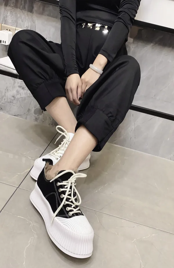 Fashion Modest / Simple Black Winter Casual Plush Canvas Platform Womens Shoes 2021 Round Toe