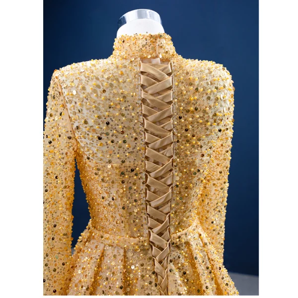 Sparkly Gold Beading Pearl Sequins Evening Dresses  2021 Trumpet / Mermaid High Neck Long Sleeve Court Train Evening Party Formal Dresses
