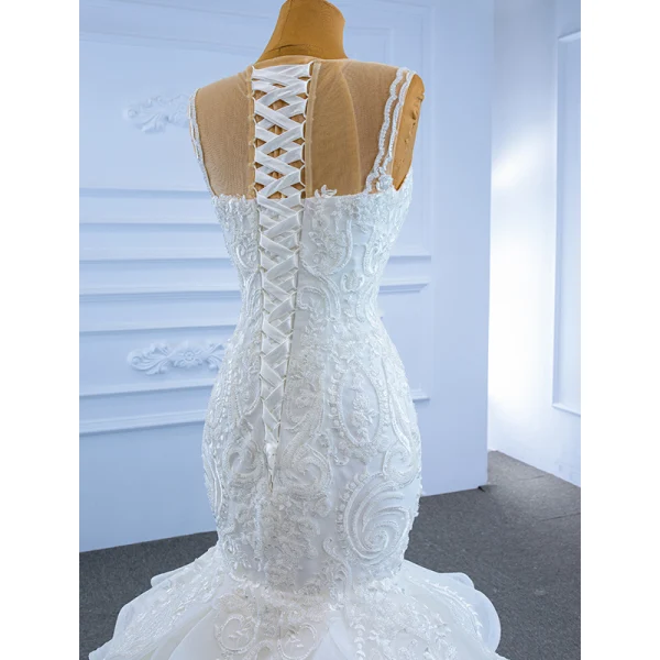High-end Ivory Lace Cascading Ruffles Wedding Dresses 2021 Trumpet / Mermaid Scoop Neck Beading Sleeveless Backless Court Train Wedding