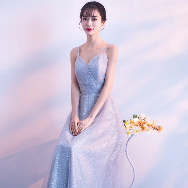 Elegant Grey Evening Dresses 2018 A-Line / Princess Glitter Tulle Spaghetti Straps Backless Sleeveless Floor-Length / Long Formal Dresses