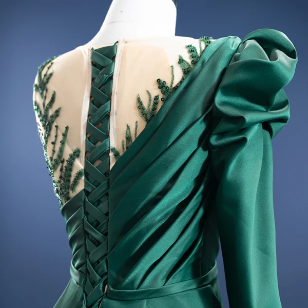 Elegant High-end Dark Green Satin Evening Dresses  2021 A-Line / Princess Scoop Neck Beading Sequins 3/4 Sleeve Sash Chapel Train Evening Party Formal Dresses