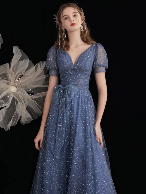 Fashion Ocean Blue Prom Dresses 2021 A-Line / Princess V-Neck Bow Beading Sequins Short Sleeve Backless Floor-Length / Long Prom Formal Dresses