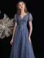 Fashion Ocean Blue Prom Dresses 2021 A-Line / Princess V-Neck Bow Beading Sequins Short Sleeve Backless Floor-Length / Long Prom Formal Dresses