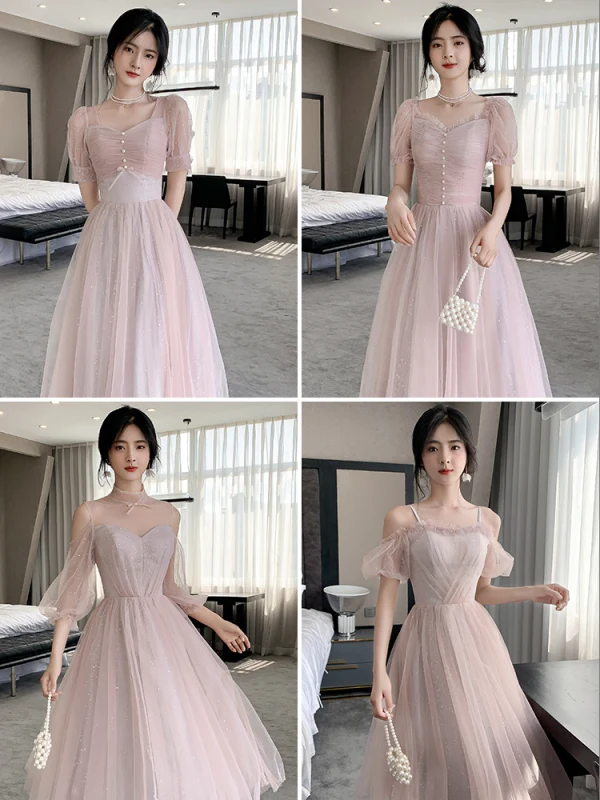 Chic / Beautiful Blushing Pink Bridesmaid Dresses 2021 A-Line / Princess Square Neckline Pearl Sequins Short Sleeve Backless Tea-length Bridesmaid Wedding Party Dresses