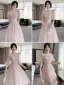 Chic / Beautiful Blushing Pink Bridesmaid Dresses 2021 A-Line / Princess Square Neckline Pearl Sequins Short Sleeve Backless Tea-length Bridesmaid Wedding Party Dresses
