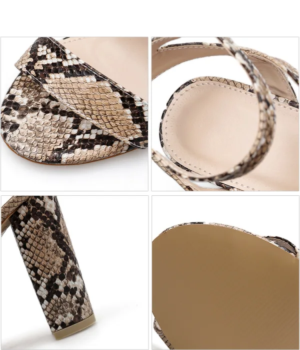 Fashion White Street Wear Snakeskin Print Womens Sandals 2021 Ankle Strap 10 cm Thick Heels Open / Peep Toe High Heels