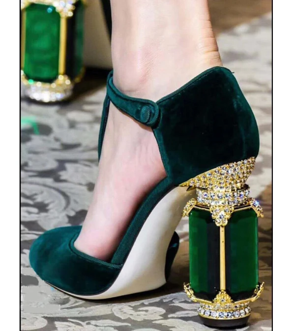 Charmant Vert Foncé Promo Faux Diamant Daim Sandales Femme 2021 Cuir 10 cm Pierres précieuses synthétiques Talons Épais T-Strap À Bout Rond Talons Hauts
