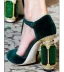 Charmant Vert Foncé Promo Faux Diamant Daim Sandales Femme 2021 Cuir 10 cm Pierres précieuses synthétiques Talons Épais T-Strap À Bout Rond Talons Hauts