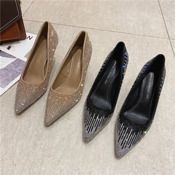 Sparkly Gold Rhinestone Evening Party Pumps 2021 7 cm Stiletto Heels High Heels Pointed Toe Pumps