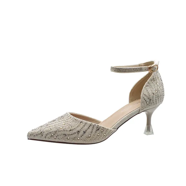 Sexy Beige Evening Party Rhinestone Womens Sandals 2021 Ankle Strap 6 cm Stiletto Heels Pointed Toe High Heels