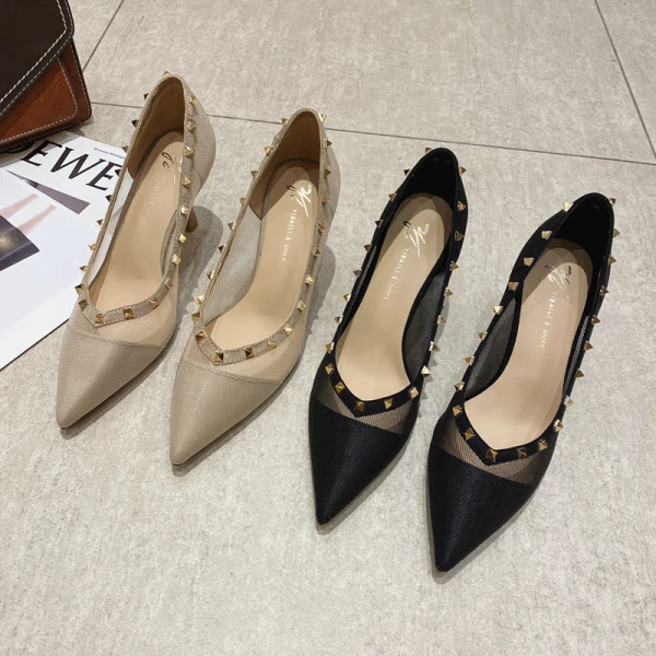 Fashion Rivet Black See-through Evening Party Pumps 2021 7 cm Stiletto Heels Pointed Toe High Heels Pumps