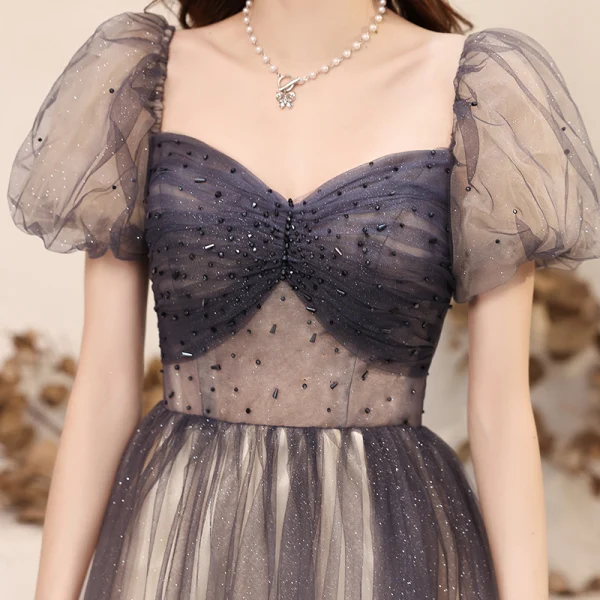 Fashion Navy Blue Glitter Prom Dresses 2021 A-Line / Princess Square Neckline Beading Crystal Short Sleeve Floor-Length / Long Prom Formal Dresses