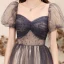 Fashion Navy Blue Glitter Prom Dresses 2021 A-Line / Princess Square Neckline Beading Crystal Short Sleeve Floor-Length / Long Prom Formal Dresses