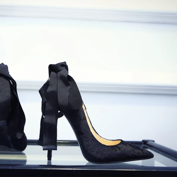 Fashion Black Evening Party Suede Pumps 2021 Leather Ankle Strap 10 cm Stiletto Heels High Heels Pointed Toe Pumps