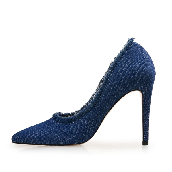 Fashion Pool Blue Street Wear Canvas Pumps High Heels 2021 10 cm Stiletto Heels Pointed Toe Pumps