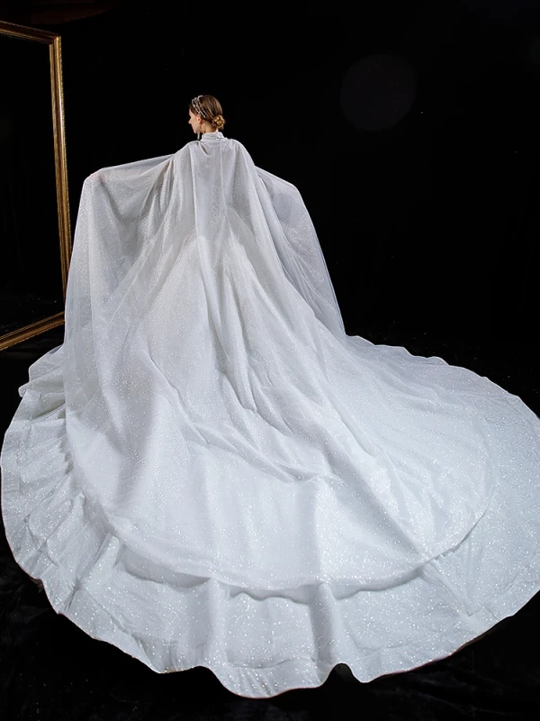 Luxury / Gorgeous Ivory With Cloak Wedding Dresses 2021 Ball Gown High Neck Beading Rhinestone Sequins Bow Long Sleeve Royal Train Wedding
