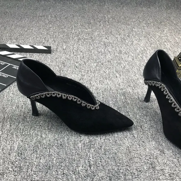Vintage Schwarz Freizeit Leder Strass Pumps 2021 7 cm Stilettos Hochhackige Spitzschuh Pumps
