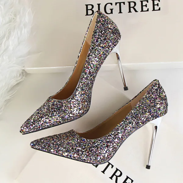 Glittrande Champagne Afton Paljetter Pumps 2021 Högklackade 9 cm Stilettklackar Spetsiga Pumps
