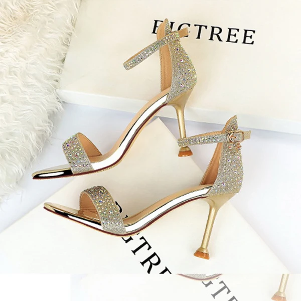 Sexy Argenté Soirée Faux Diamant Sandales Femme 2021 Bride Cheville 8 cm Talons Aiguilles Peep Toes / Bout Ouvert Talons Hauts Sandales