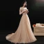 Charmant Champagner Ballkleider 2021 A Linie Off Shoulder Perlenstickerei Strass Pailletten Kurze Ärmel Rückenfreies Lange Festliche Kleider