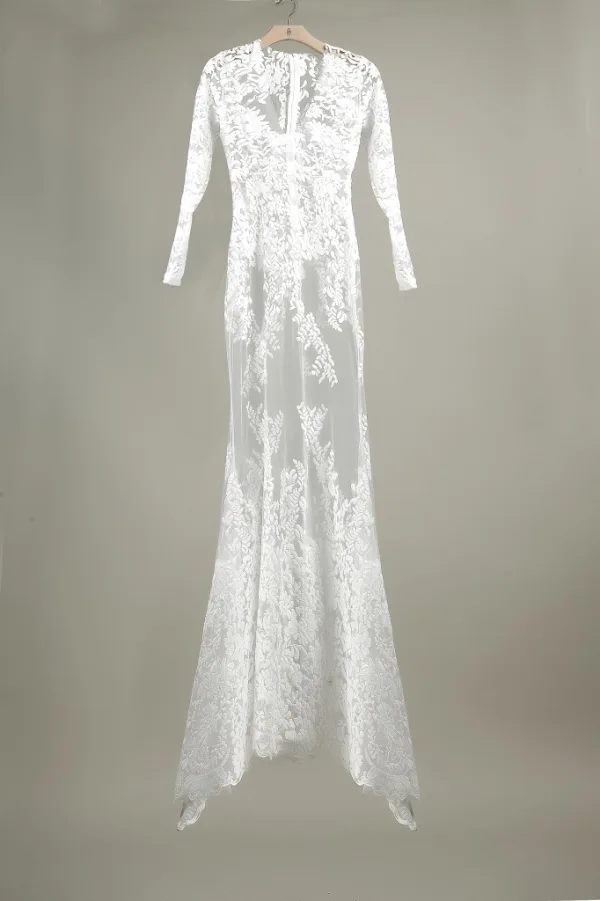 Sexy White Maxi Dresses 2018 Trumpet / Mermaid See-through Lace Flower V-Neck Long Sleeve Floor-Length / Long Womens Clothing