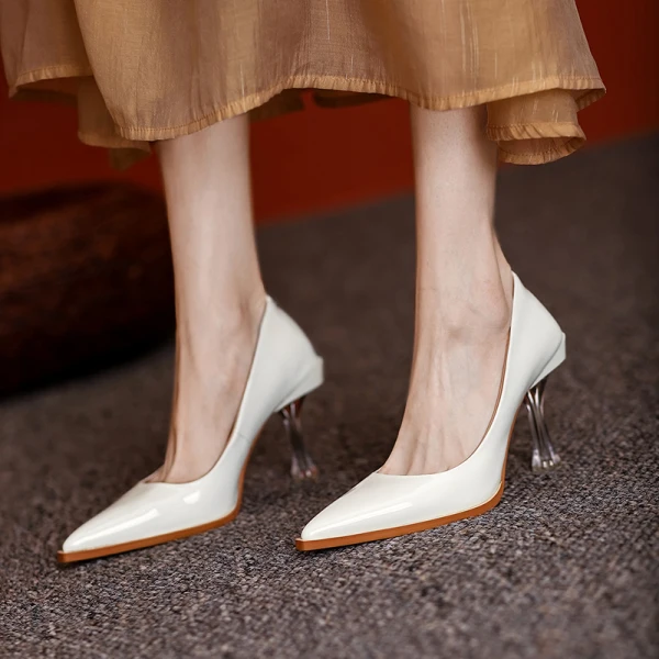 Fashion Beige Cocktail Party Pumps 2021 Leather Crystal 8 cm Stiletto Heels High Heels Pointed Toe Pumps