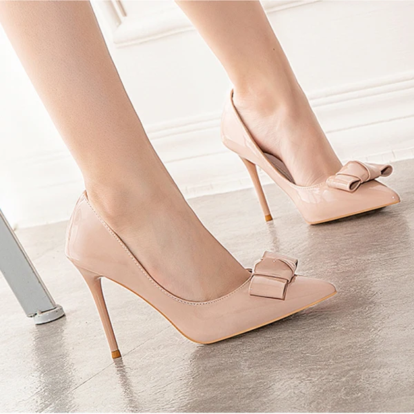 Schöne Gelb Büro OL Schleife Lackleder Pumps 2021 10 cm Stilettos Hochhackige Spitzschuh Pumps