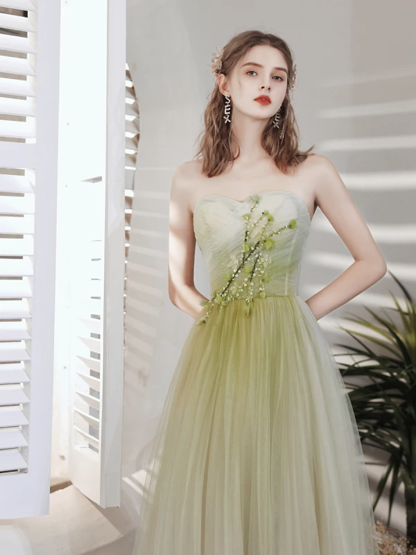 Chic / Beautiful Green Prom Dresses 2021 A-Line / Princess Strapless Beading Sequins Appliques Sleeveless Backless Floor-Length / Long Prom Formal Dresses