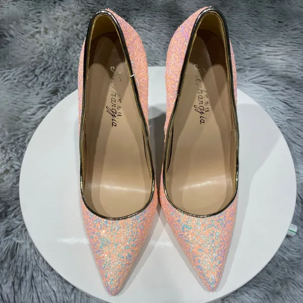 Sparkly Candy Pink Evening Party Sequins Pumps 2021 12 cm Stiletto Heels Pointed Toe High Heels Pumps