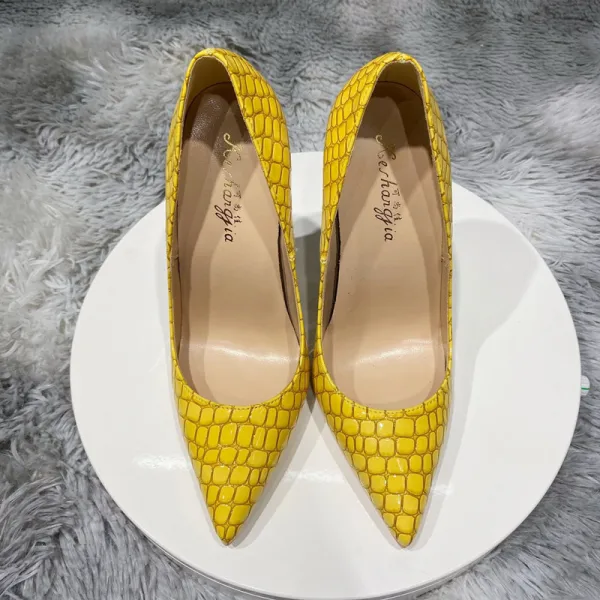 Chic / Beautiful Yellow Cocktail Party Snakeskin Print Pumps 2021 12 cm Stiletto Heels Pointed Toe Pumps High Heels
