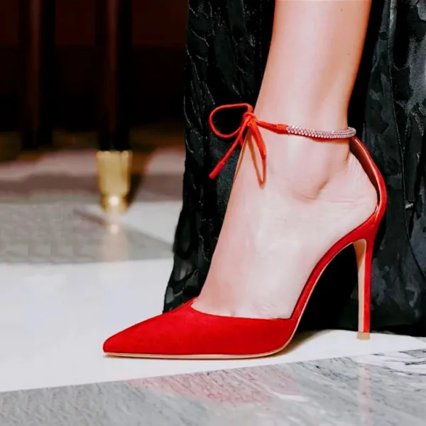 Sexy Red Cocktail Party Womens Sandals 2021 Rhinestone Ankle Strap 10 cm Stiletto Heels Pointed Toe Sandals High Heels