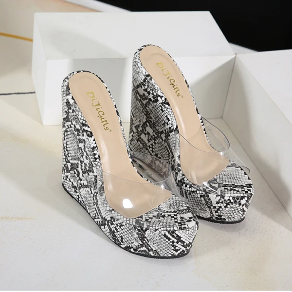 Sexy Transparent Blanche Désinvolte Motif Peau De Serpent Sandales Femme 2021 16 cm Super Compensées Plateforme Peep Toes / Bout Ouvert Sandales