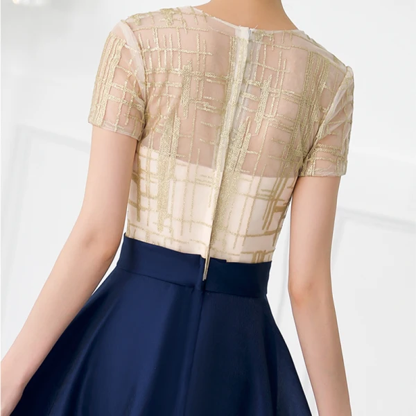 Chic / Beautiful Navy Blue Evening Dresses  2018 A-Line / Princess Sequins Scoop Neck Short Sleeve Ankle Length Formal Dresses