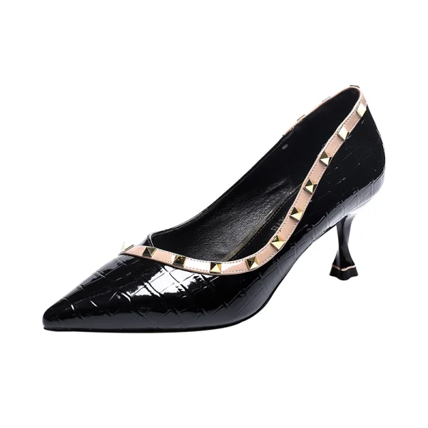 Chic / Beautiful Black Evening Party Patent Leather Rivet Pumps 2021 6 cm Stiletto Heels Pointed Toe Pumps High Heels