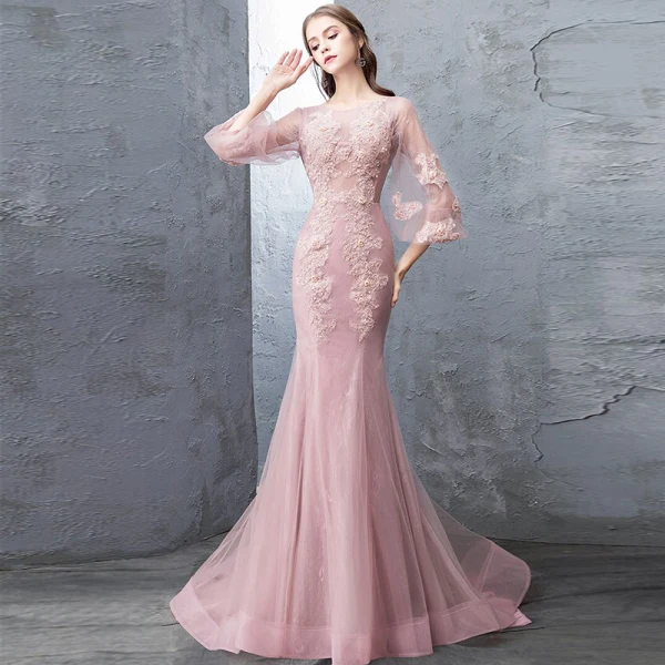 Modern / Fashion Candy Pink Evening Dresses  2018 Trumpet / Mermaid Lace Flower Appliques Beading Pearl Sequins Scoop Neck Backless 3/4 Sleeve Sweep Train Formal Dresses