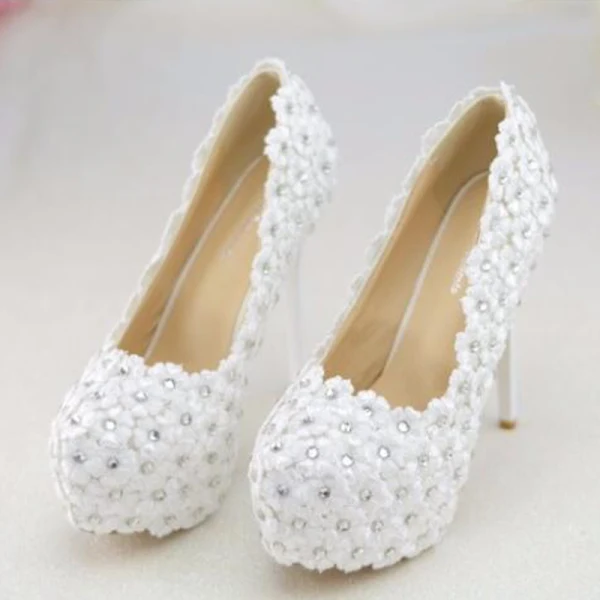 Charming White Lace Flower Rhinestone Wedding Shoes 2021 14 cm Stiletto Heels Round Toe Wedding Pumps High Heels