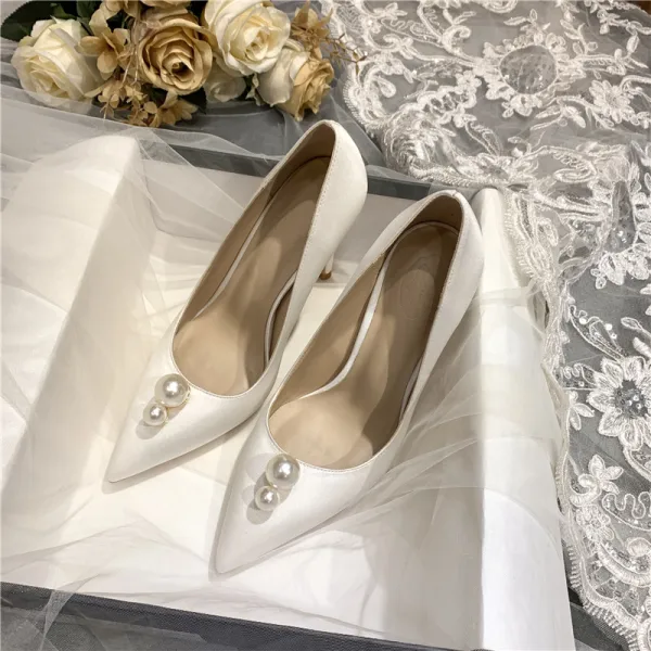 Elegant Ivory Pearl Satin Wedding Shoes 2021 8 cm Stiletto Heels Pointed Toe Wedding Pumps High Heels