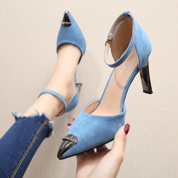 Charmant Blau Freizeit Strass Wildleder Sandalen Damen 2021 Knöchelriemen 8 cm Stilettos Spitzschuh Sandaletten Hochhackige