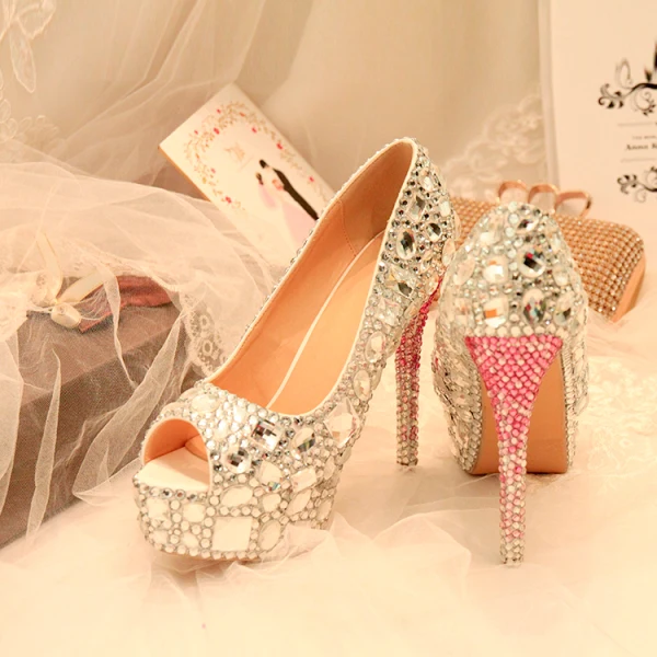 Scintillantes Argenté Faux Diamant Chaussure De Mariée 2021 14 cm Talons Aiguilles Peep Toes / Bout Ouvert Mariage Talons Hauts