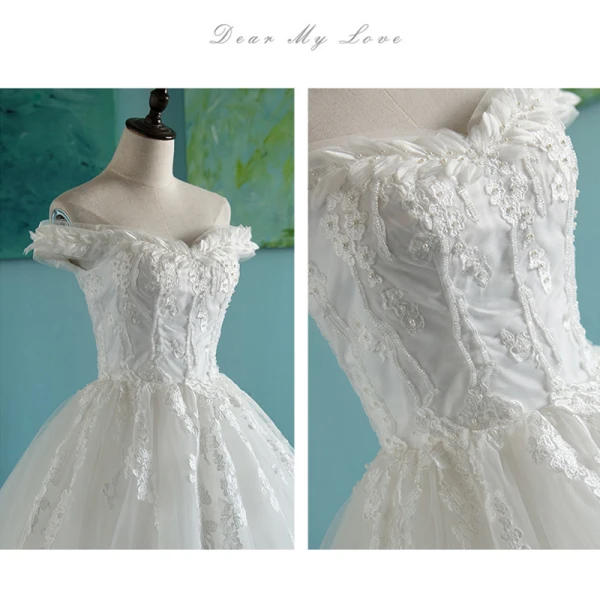 Elegant Ivory Wedding Dresses 2018 Ball Gown Appliques Pearl Off-The-Shoulder Backless Sleeveless Floor-Length / Long Wedding