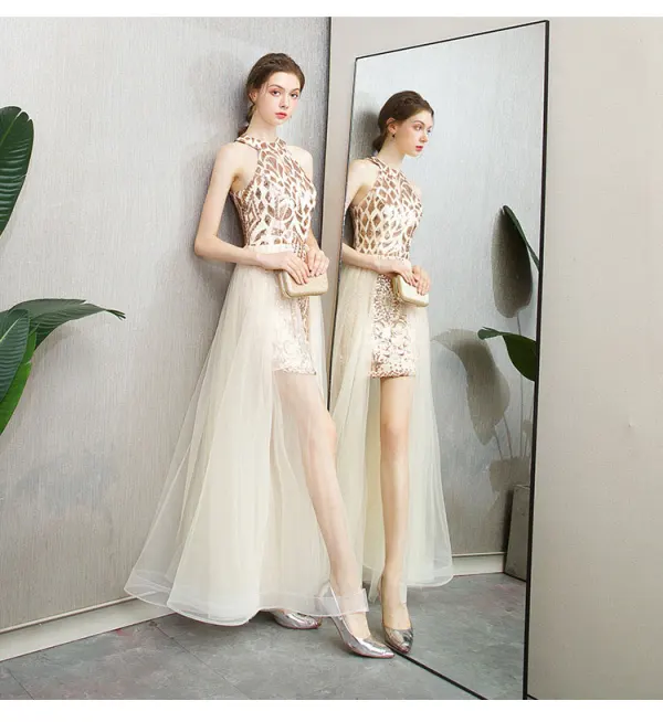 Modern / Fashion Champagne Evening Dresses 2018 A-Line / Princess Sequins Scoop Neck Strapless Sleeveless Ankle Length Formal Dresses
