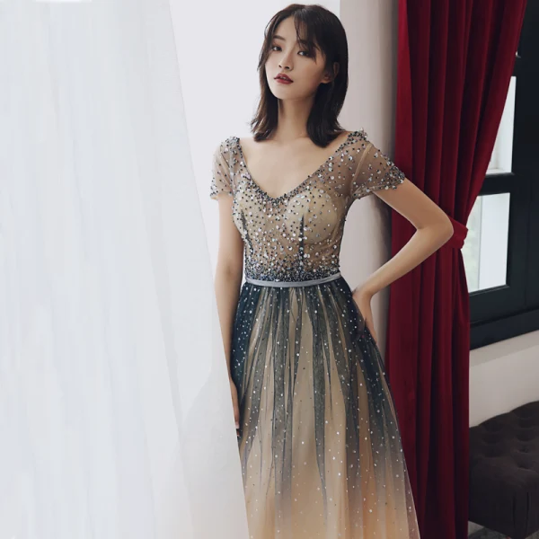 Luxe Champagne Robe De Soirée 2018 Princesse Fait main Perlage Étoile Paillettes Ceinture V-Cou Manches Courtes Dos Nu Longueur Cheville Robe De Ceremonie