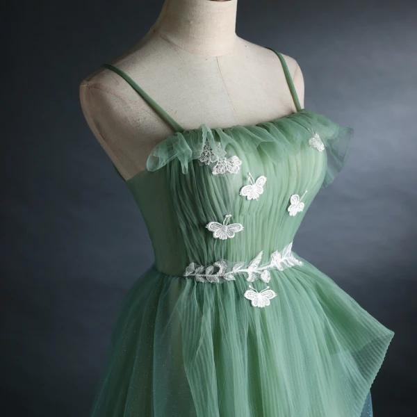 Chic / Beautiful Sage Green Prom Dresses 2021 A-Line / Princess Spaghetti Straps Lace Butterfly Sleeveless Backless Floor-Length / Long Prom Formal Dresses