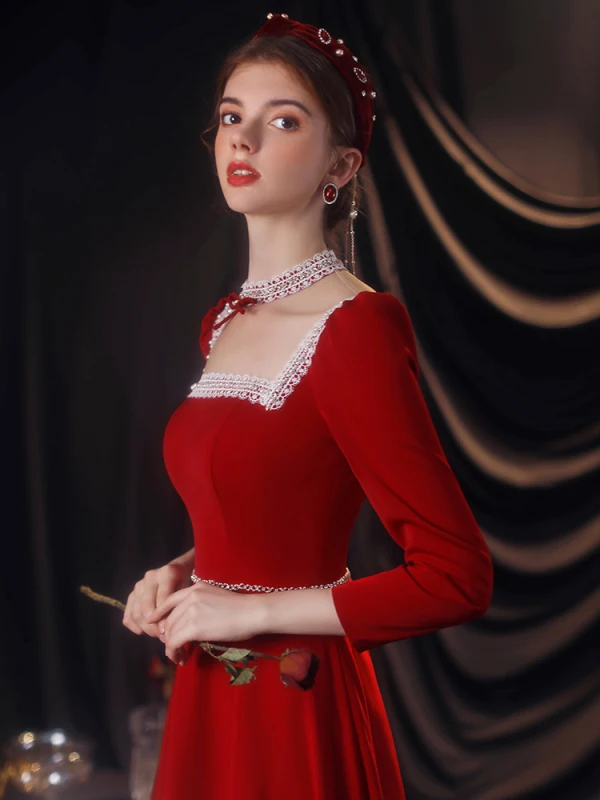 Chic / Beautiful Red Lace Flower Evening Dresses 2021 A-Line / Princess Square Neckline Rhinestone Long Sleeve Backless Floor-Length / Long Evening Party Formal Dresses