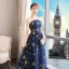 Elegante Marineblau Ballkleider 2018 A Linie Glanz Karikatur Bandeau Rückenfreies Ärmellos Hof-Schleppe Festliche Kleider